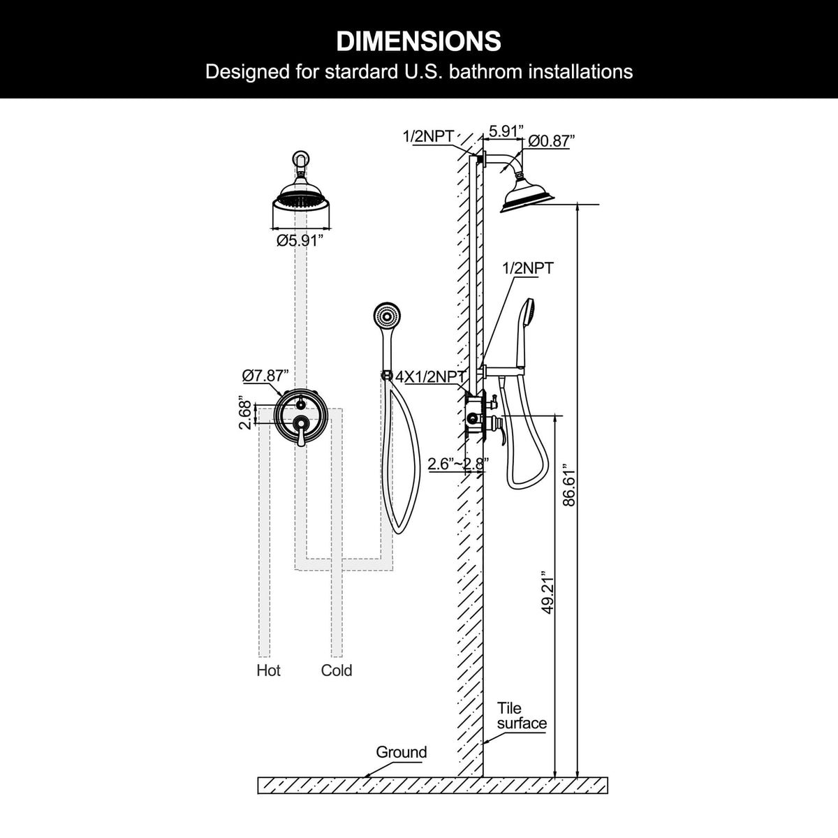 RB1186 rain shower system dimensions and installation diagram with standard 1/2 inch NPT plumbing connections