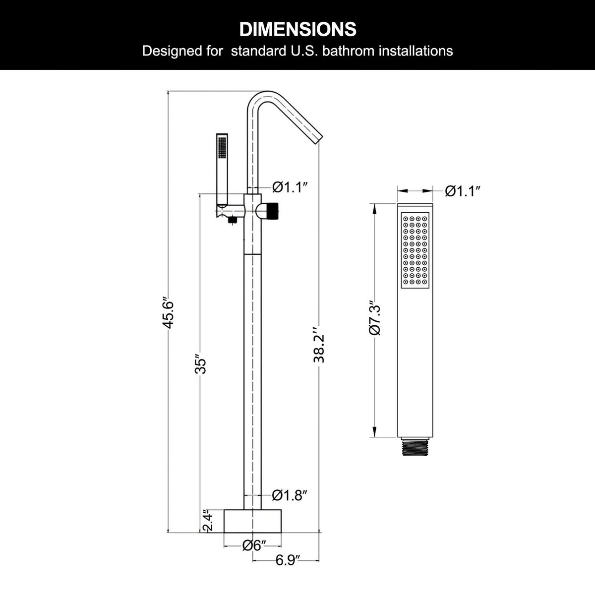 RB1350 freestanding bathtub faucet dimension diagram showing overall height, spout reach, base diameter, and handheld shower dimensions in inches.
