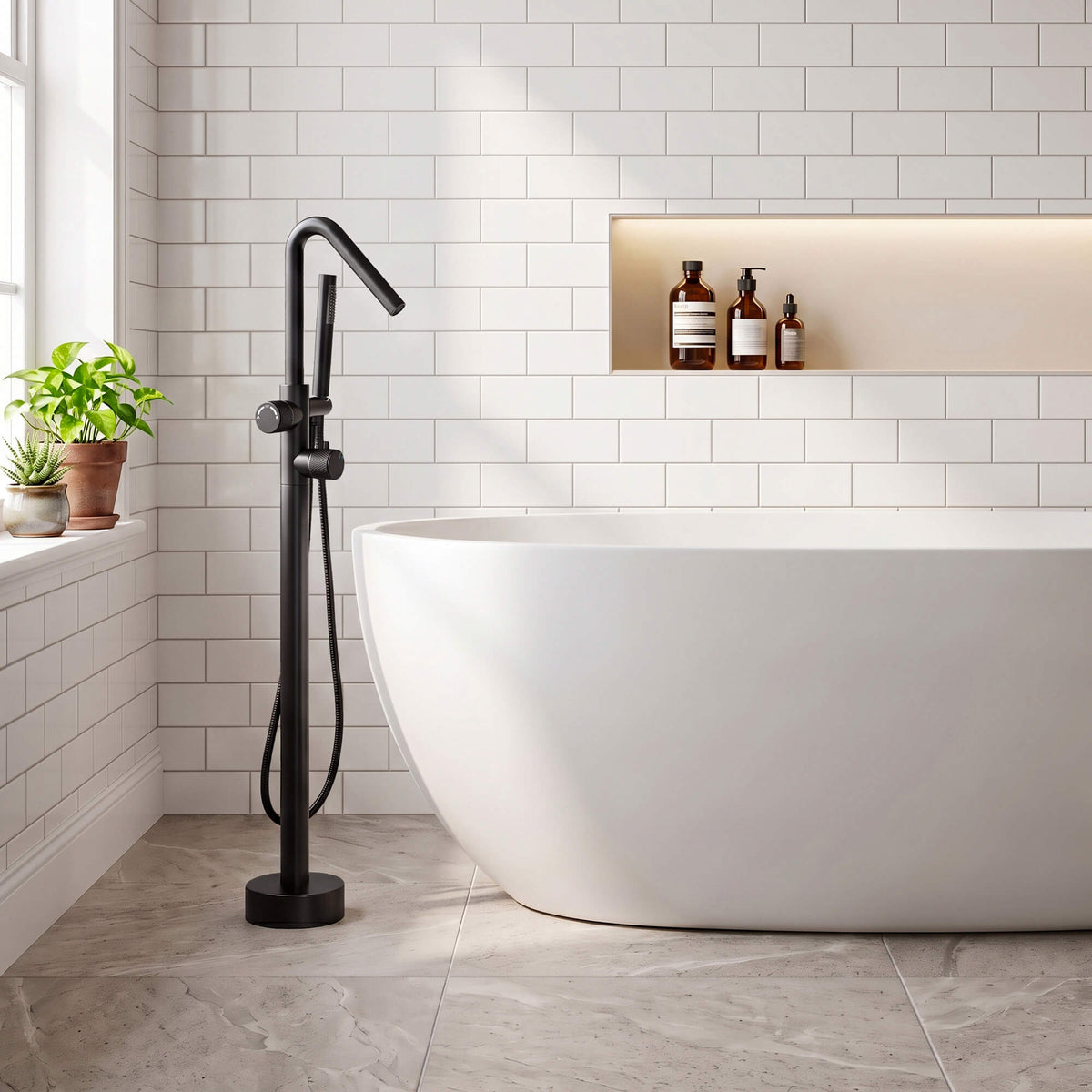 RB1350 matte black freestanding bathtub faucet beside a white freestanding bathtub in a modern tiled bathroom.