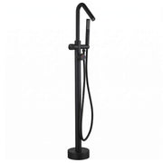 RB1350 matte black freestanding bathtub faucet with handheld shower and flexible hose shown on a white background.