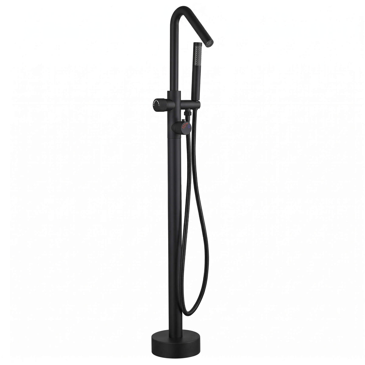 RB1350 matte black freestanding bathtub faucet with handheld shower and flexible hose shown on a white background.