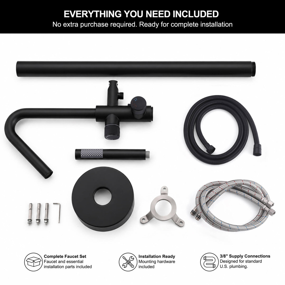 Complete RB1350 matte black freestanding tub filler kit with faucet components, handheld shower, flexible hose, mounting hardware, and water supply lines.