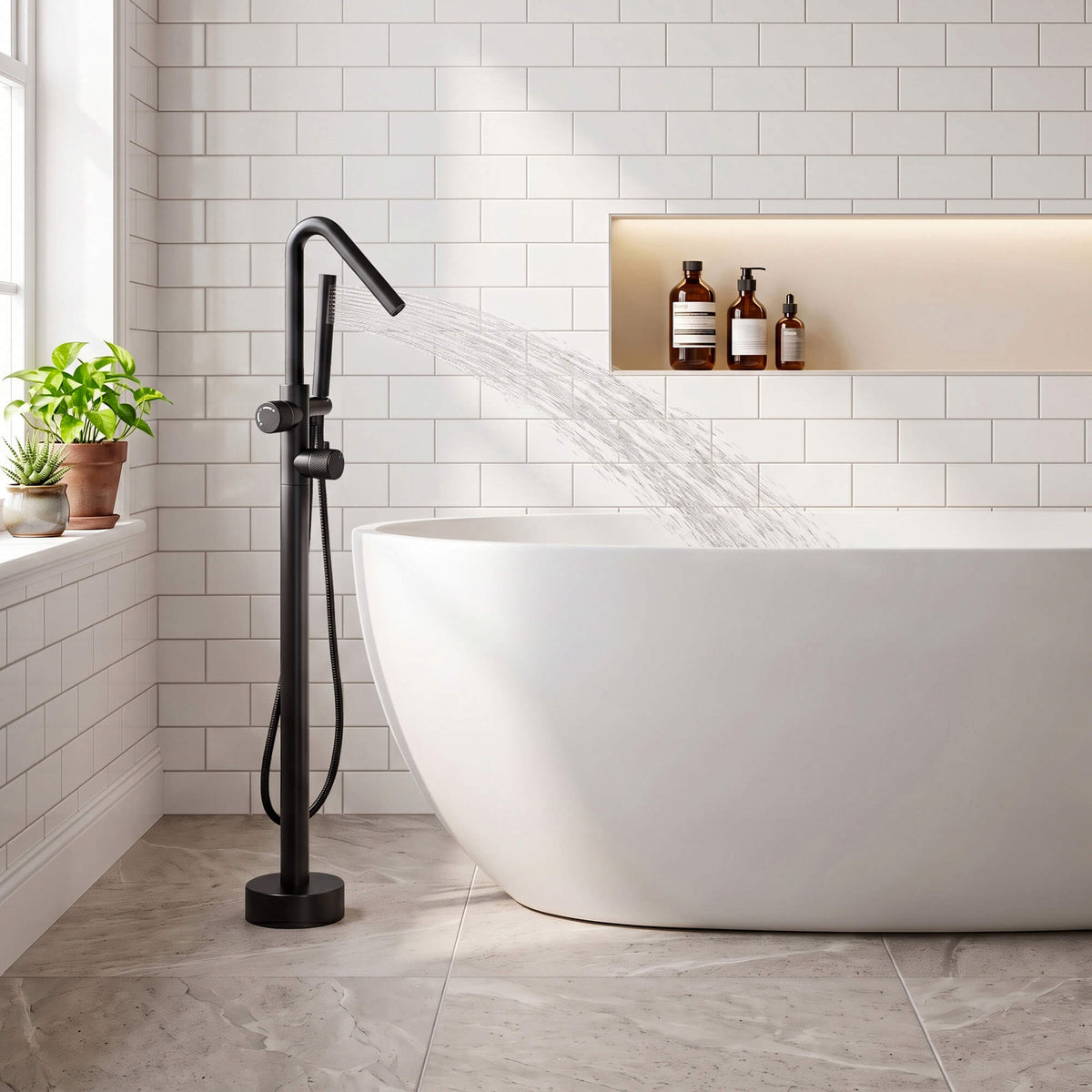 RB1350 matte black freestanding tub filler demonstrating its water spray pattern beside a white bathtub.