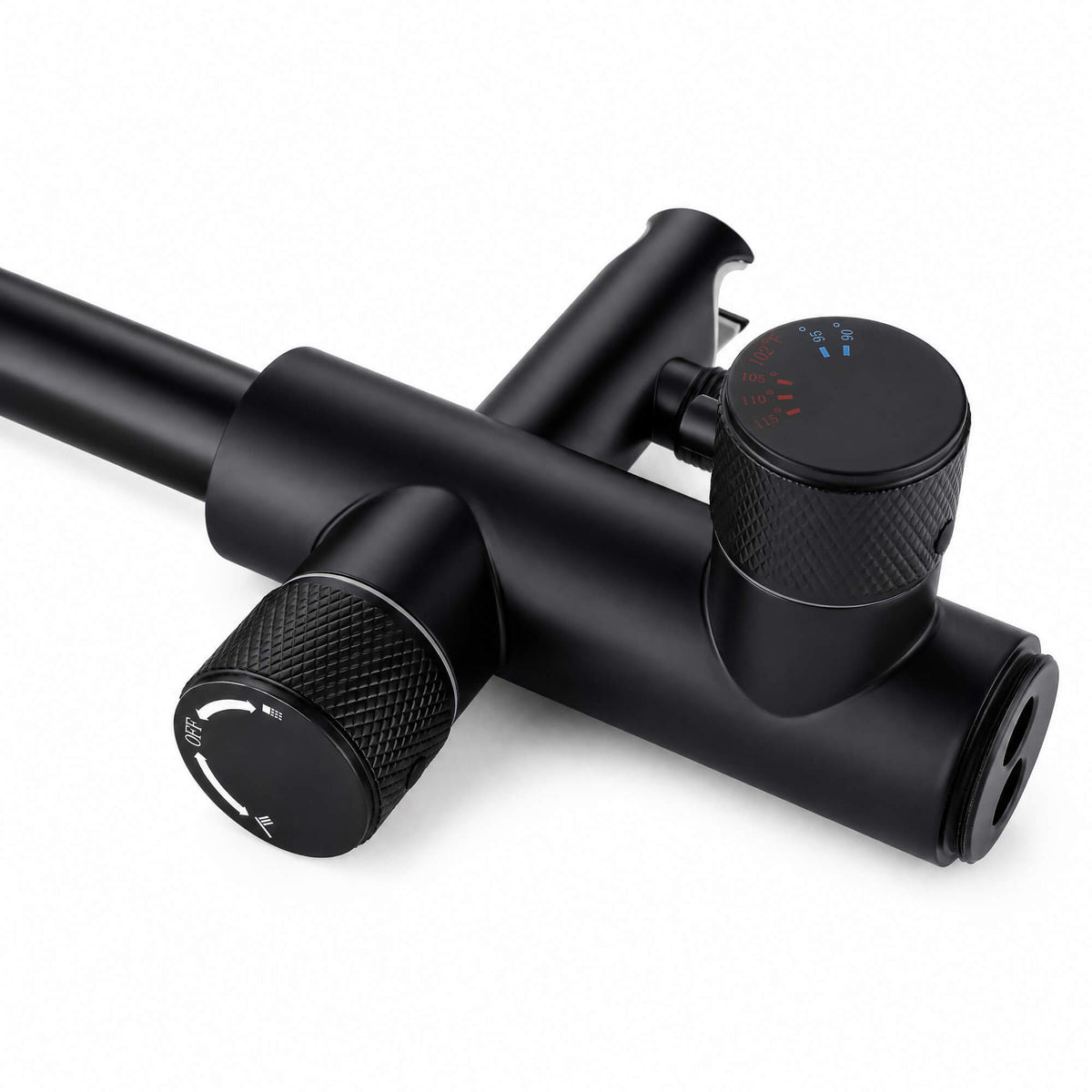Close-up of the RB1350 matte black tub filler mixing valve controls with textured knobs and hot and cold temperature markings.