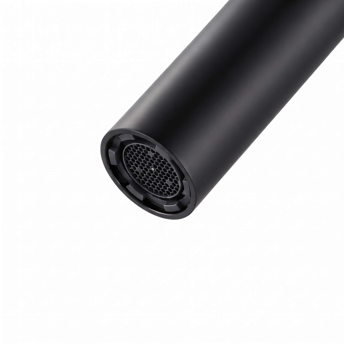 Close-up of the RB1350 matte black bathtub faucet spout outlet showing the integrated aerator.