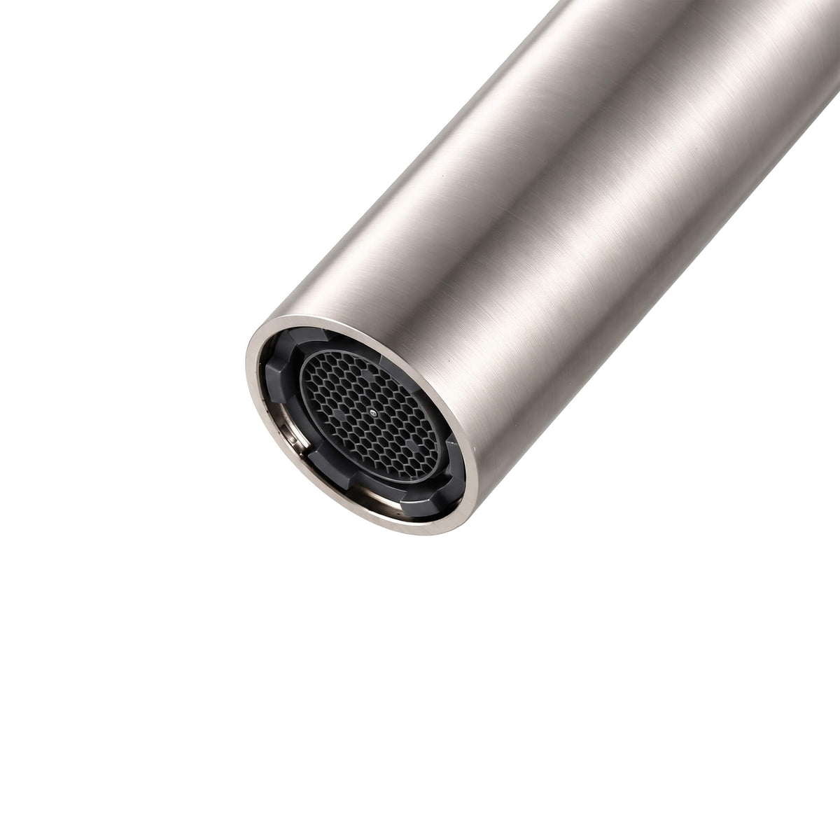 Close-up of the RB1351 brushed nickel bathtub faucet spout outlet showing the integrated aerator.