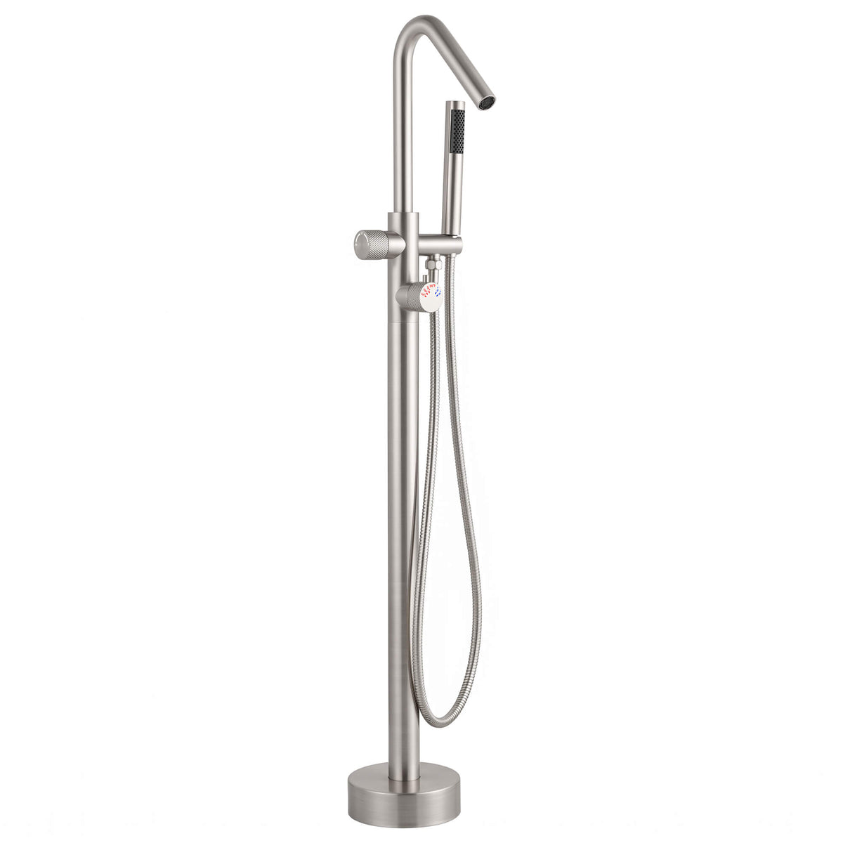 RB1351 brushed nickel freestanding bathtub faucet with curved spout, handheld shower, flexible hose, and round floor-mounted base on a white background.