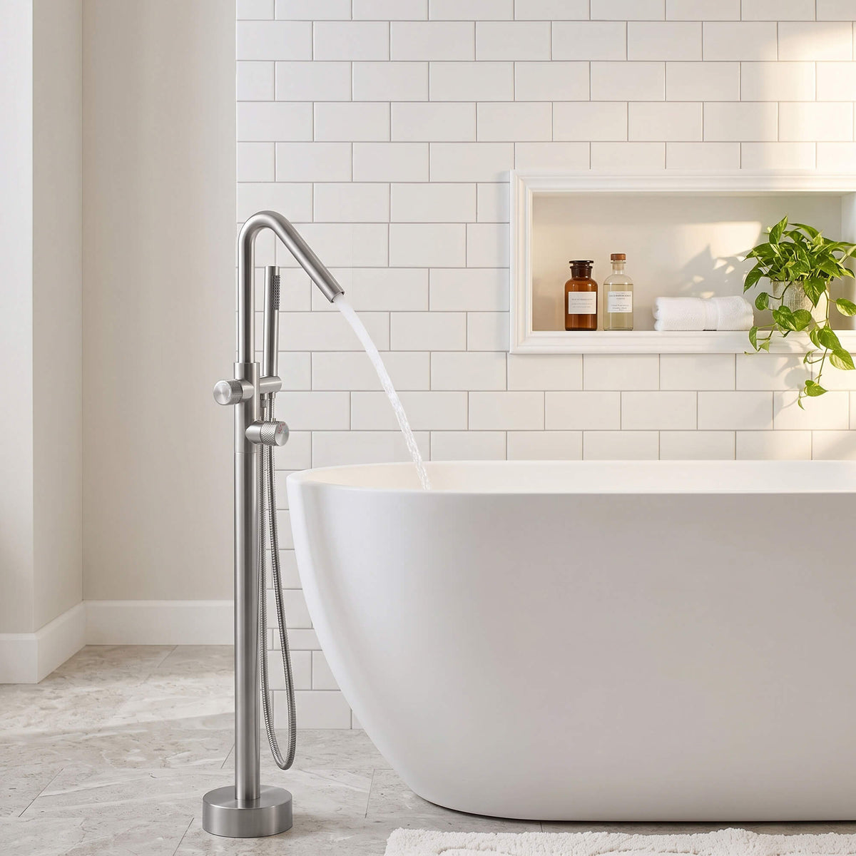 RB1351 brushed nickel freestanding bathtub faucet filling a white freestanding bathtub in a modern bathroom.