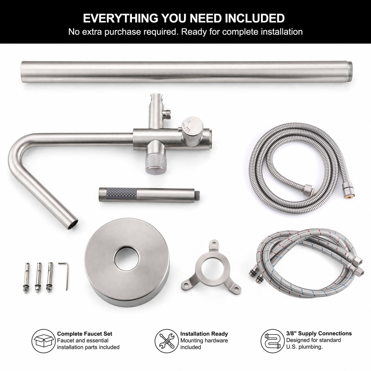 Complete RB1351 brushed nickel freestanding tub filler kit with faucet components, handheld shower, flexible hoses, mounting hardware, and water supply lines.