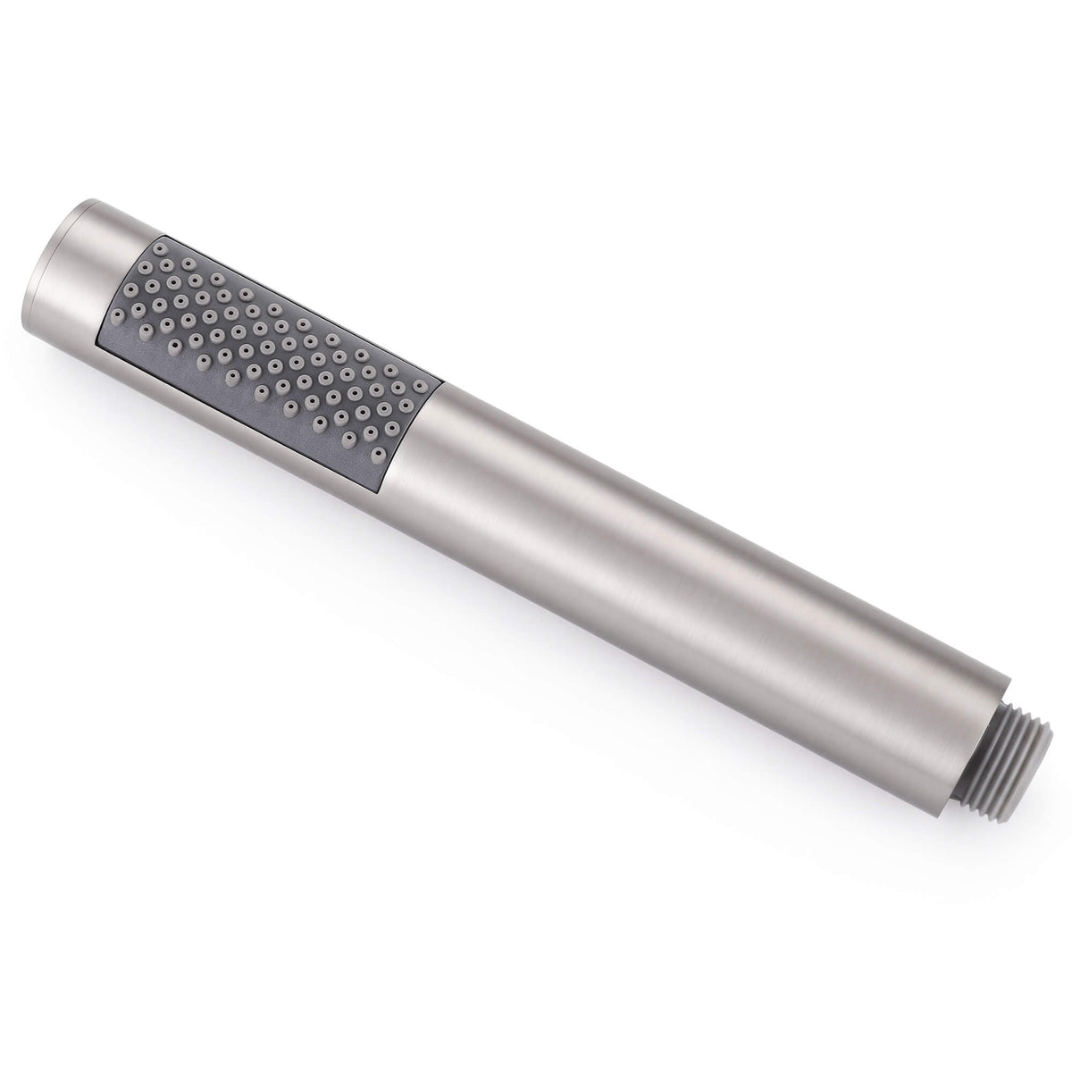 Close-up of the RB1351 brushed nickel handheld shower head showing the spray nozzles and threaded hose connection.
