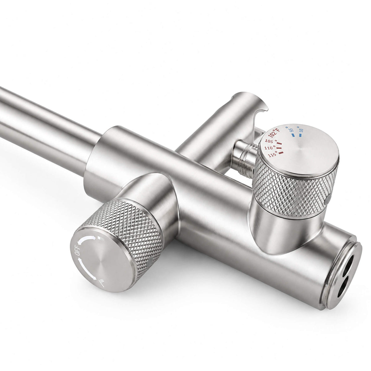 Close-up of the RB1351 brushed nickel tub filler mixing valve with textured control knobs and hot and cold temperature markings.
