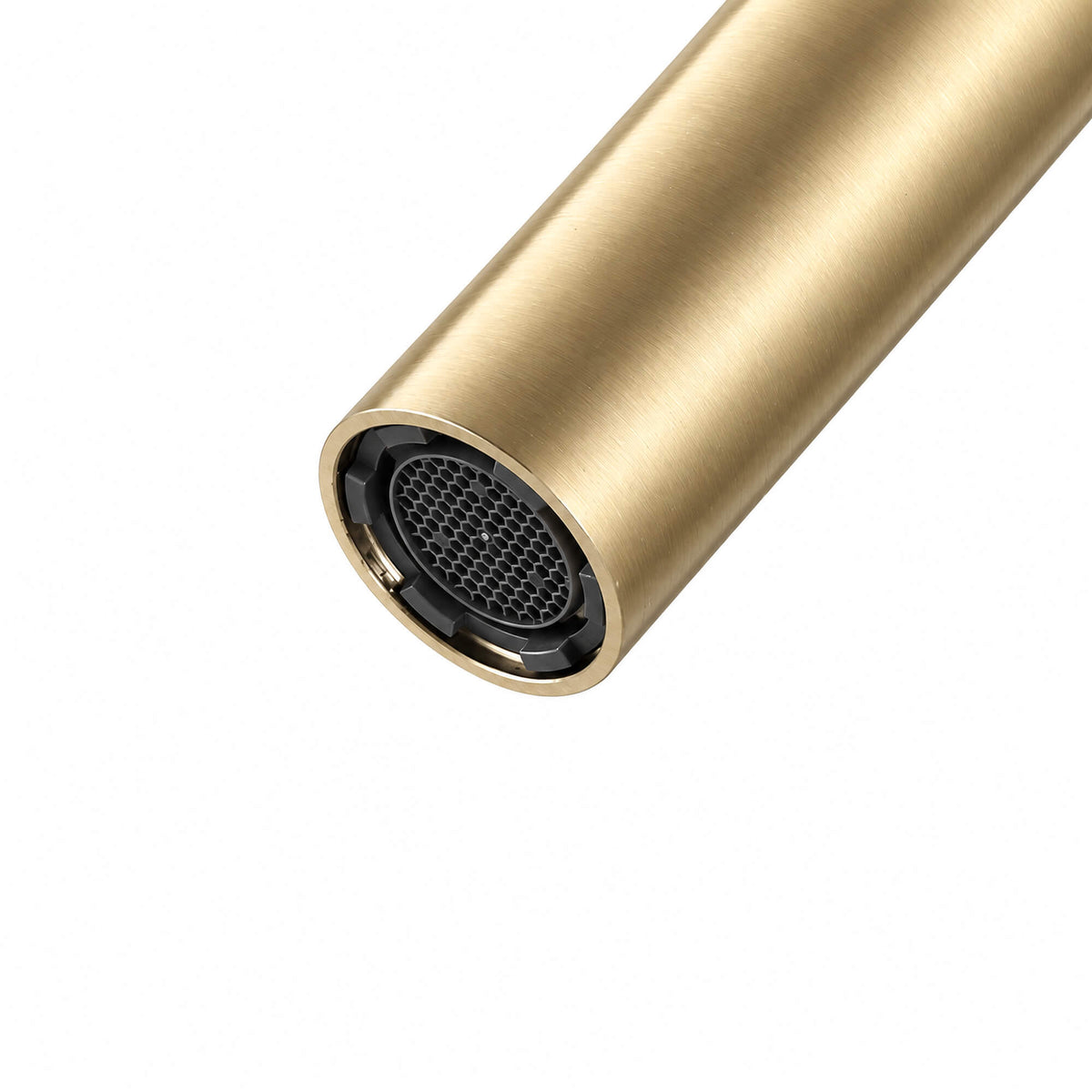 Close-up of the RB1352 brushed gold bathtub faucet spout outlet showing the aerator insert.