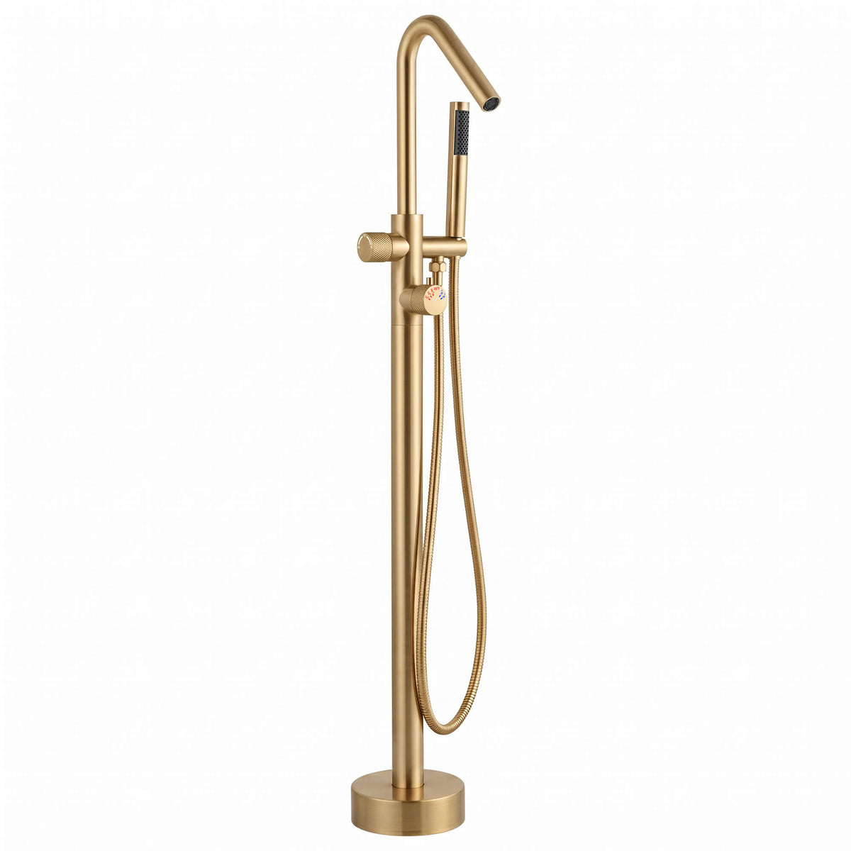 RB1352 brushed gold freestanding bathtub faucet featuring a curved spout, handheld shower, flexible hose, and round floor-mounted base on a white background.