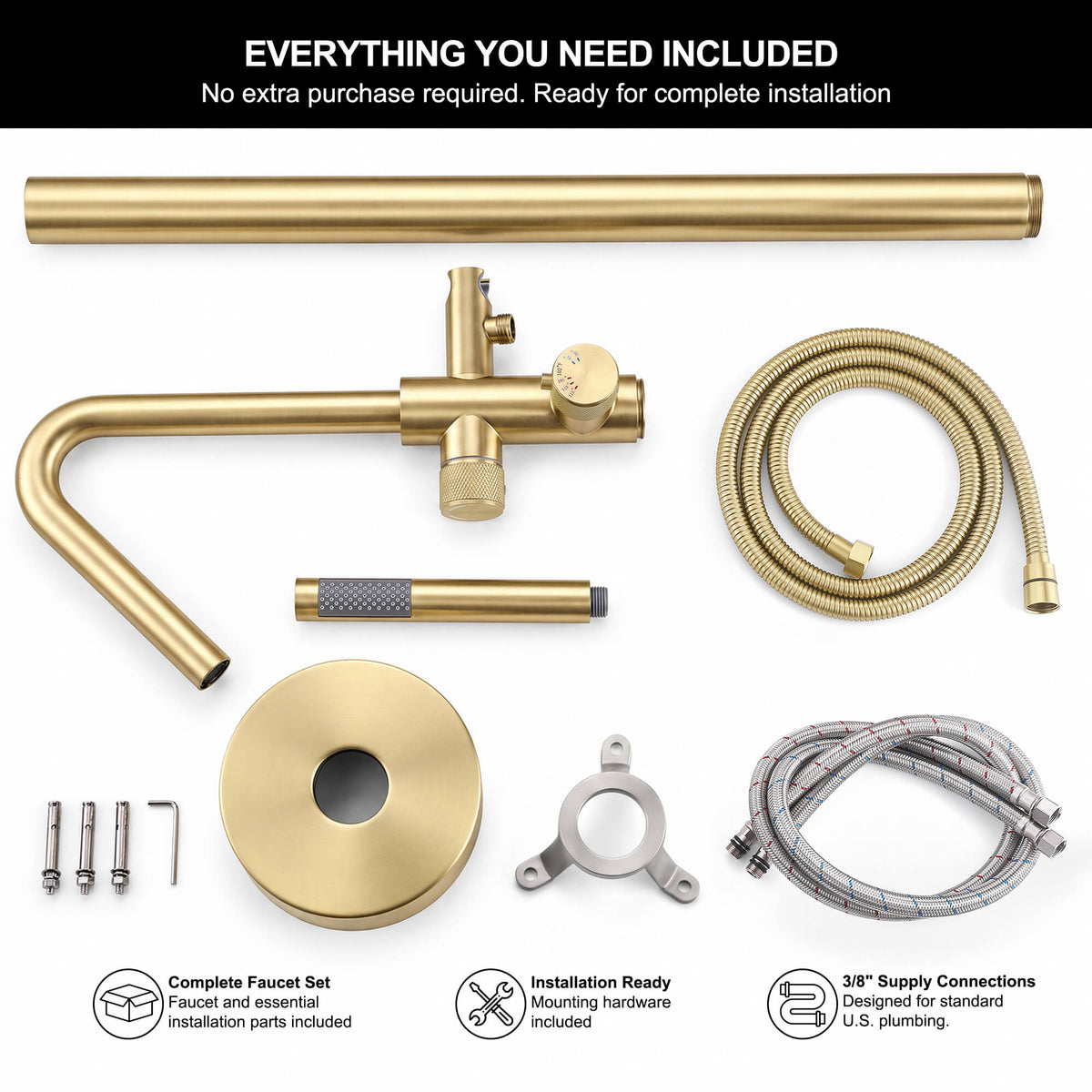 Complete RB1352 brushed gold freestanding tub filler kit with faucet components, handheld shower, flexible hoses, mounting hardware, and water supply lines.