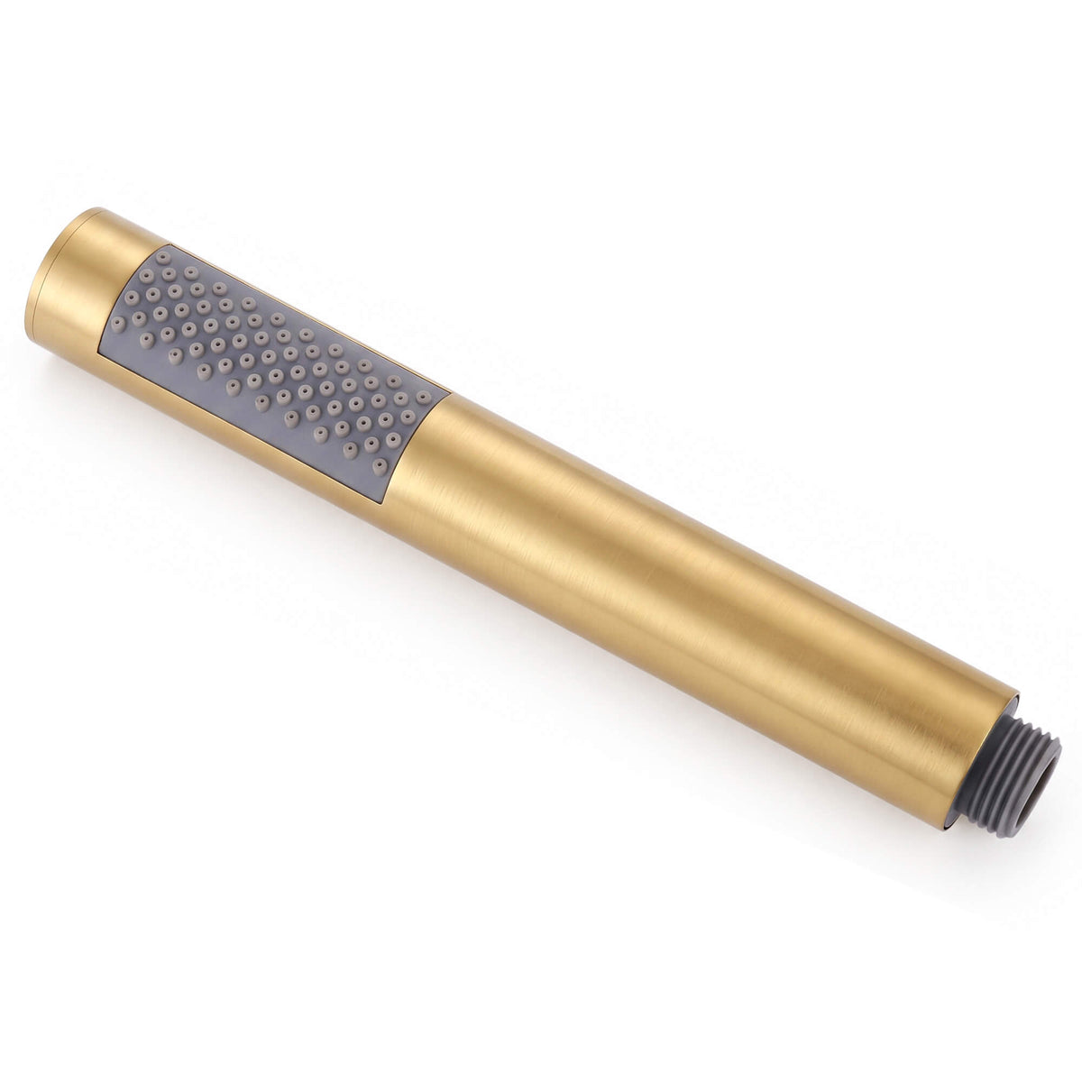Close-up of the RB1352 brushed gold handheld shower head showing its spray nozzles and threaded hose connection.