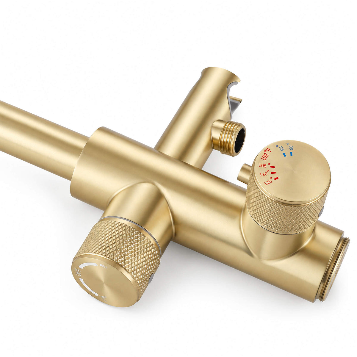 Close-up of the RB1352 brushed gold tub filler mixing valve with textured control knobs and hot and cold temperature markings.