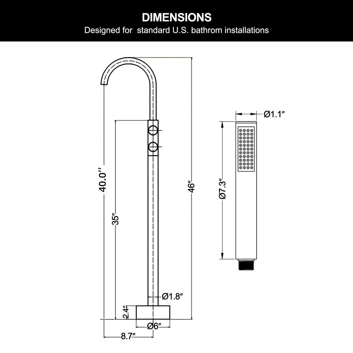 RB1359 matte black freestanding tub faucet dimensions for floor mounted installation
