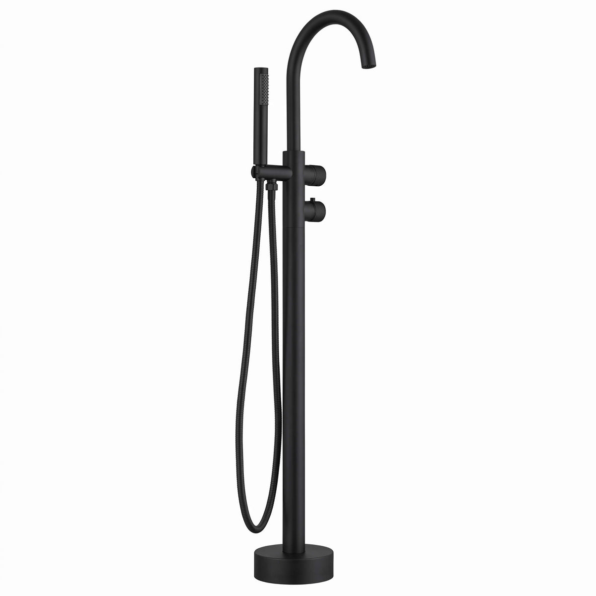 Matte black floor mounted tub filler with curved spout and handheld shower
