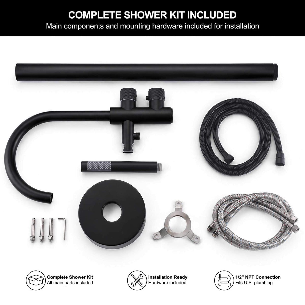 Complete matte black freestanding tub filler kit with hand shower hose and installation hardware