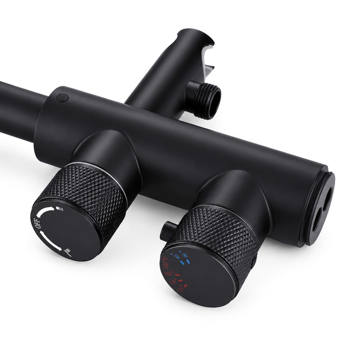 Matte black freestanding tub faucet control knobs and diverter detail