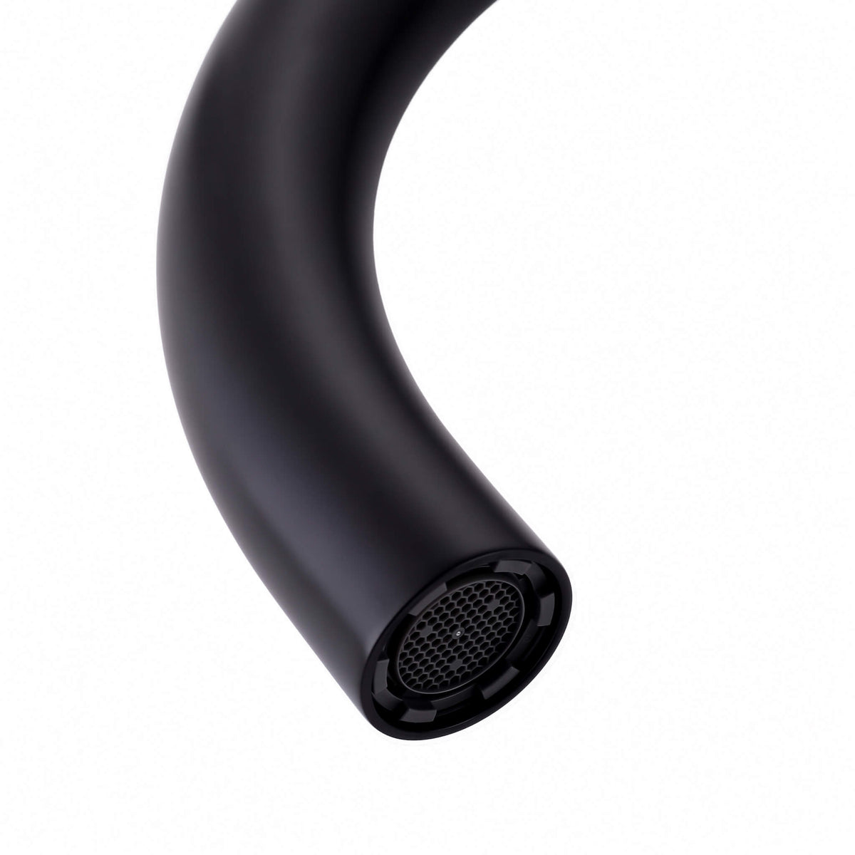Close-up of matte black freestanding tub filler spout and aerator