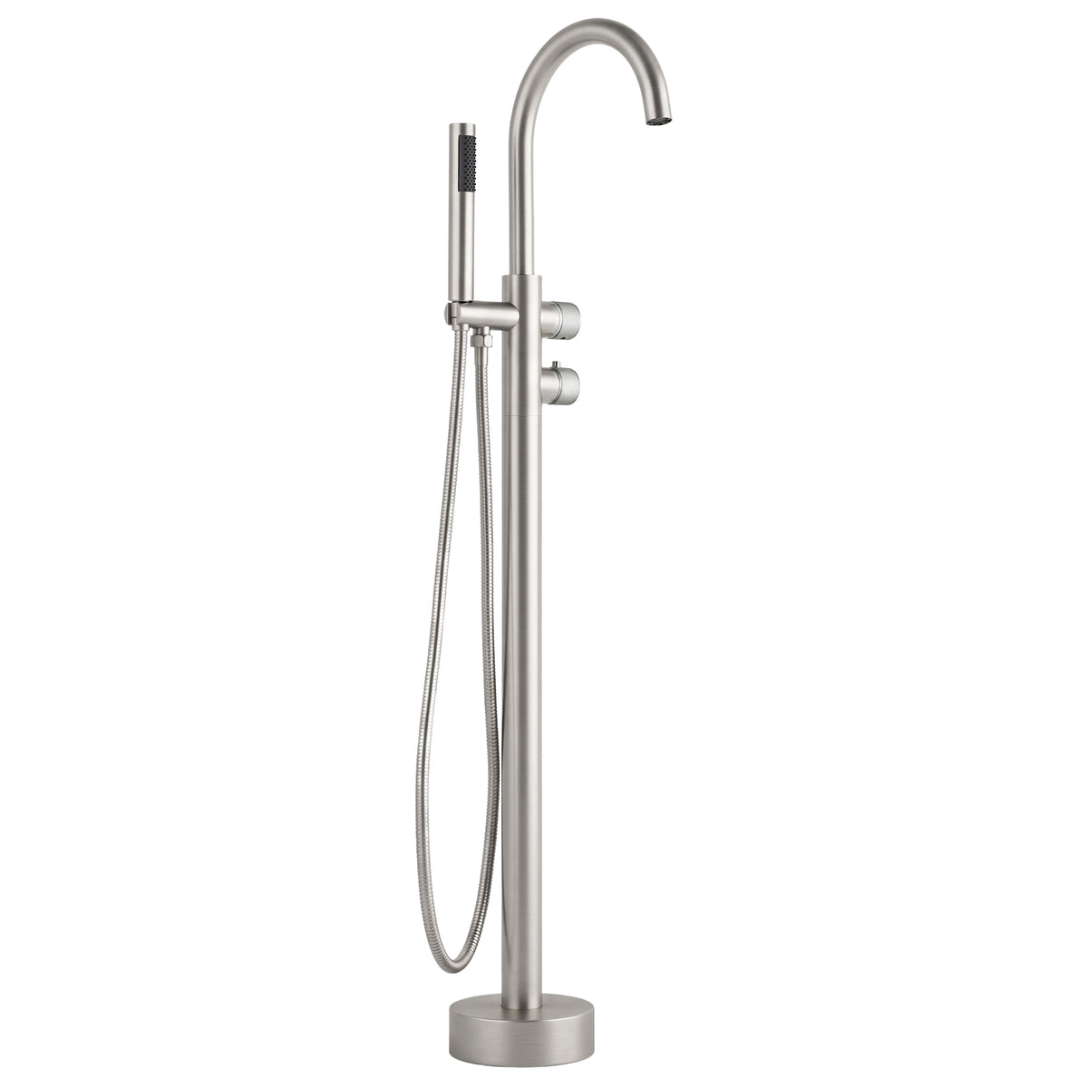 Brushed nickel freestanding bathtub faucet with curved spout and handheld shower