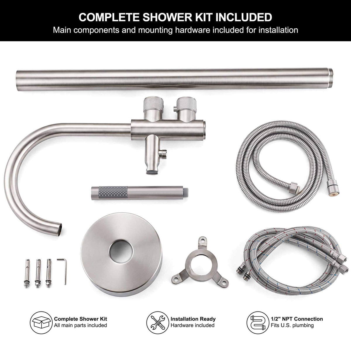 Complete brushed nickel freestanding tub filler kit with hand shower hose and installation hardware