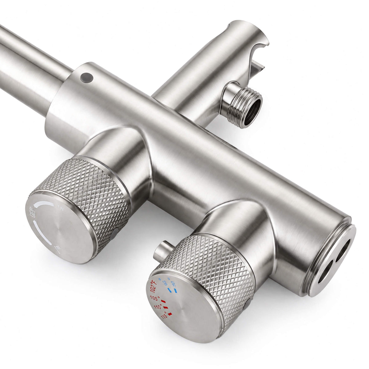 Brushed nickel freestanding tub faucet control knobs and diverter detail