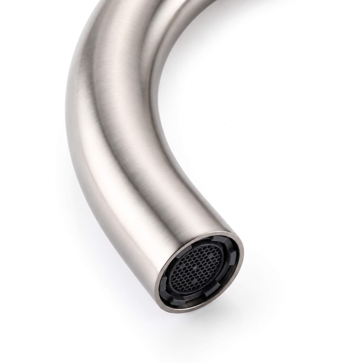 Close-up of brushed nickel freestanding tub filler spout and aerator