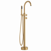 Brushed gold floor mount tub filler with curved spout and handheld shower