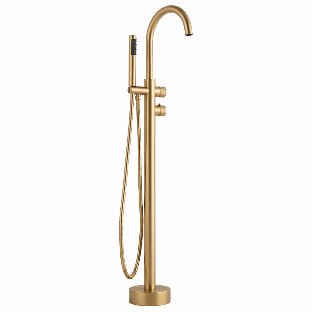 Brushed gold floor mount tub filler with curved spout and handheld shower