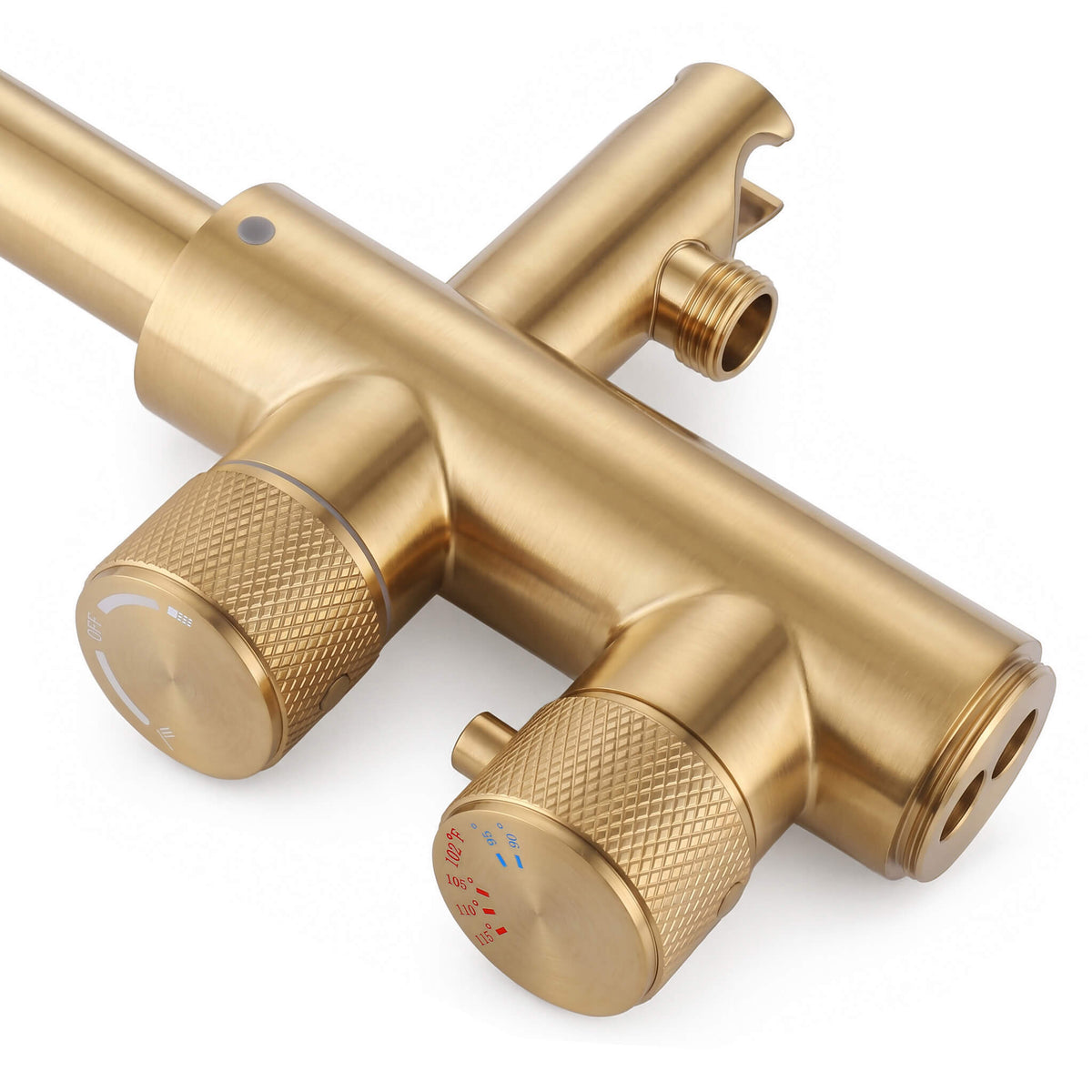 Brushed gold freestanding tub faucet control knobs and diverter detail