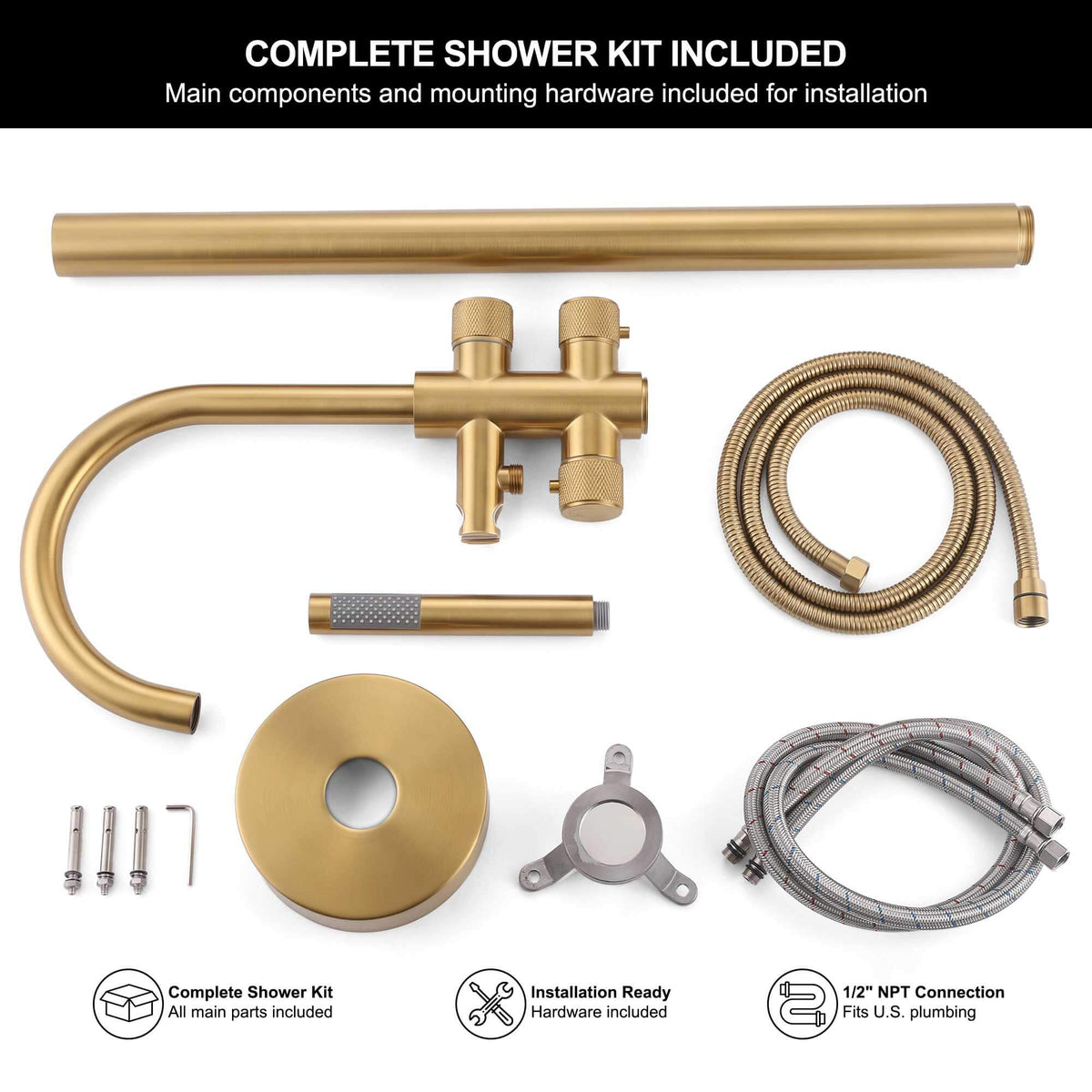 Complete brushed gold freestanding tub filler kit with hand shower hose and installation hardware