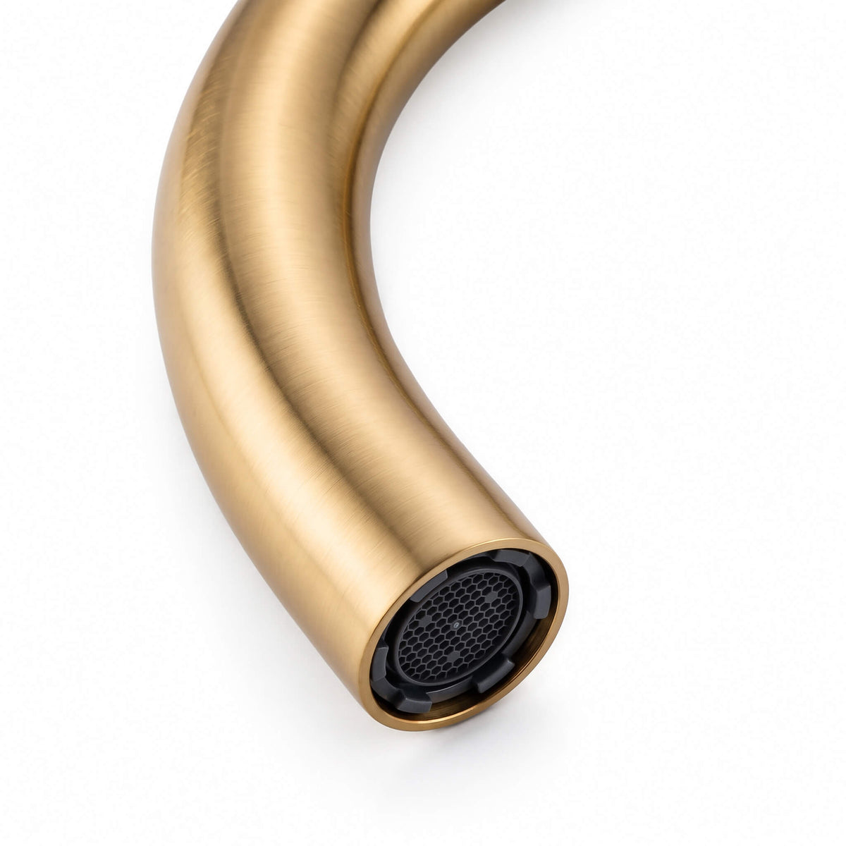 Close-up of brushed gold freestanding tub filler spout and aerator