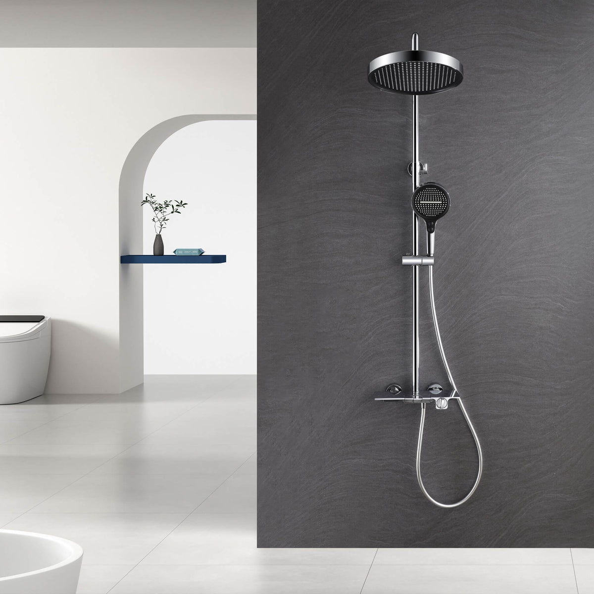 Modern 3-Function Shower System with Rainfall Head, Hand Spray & Waterfall Outlet