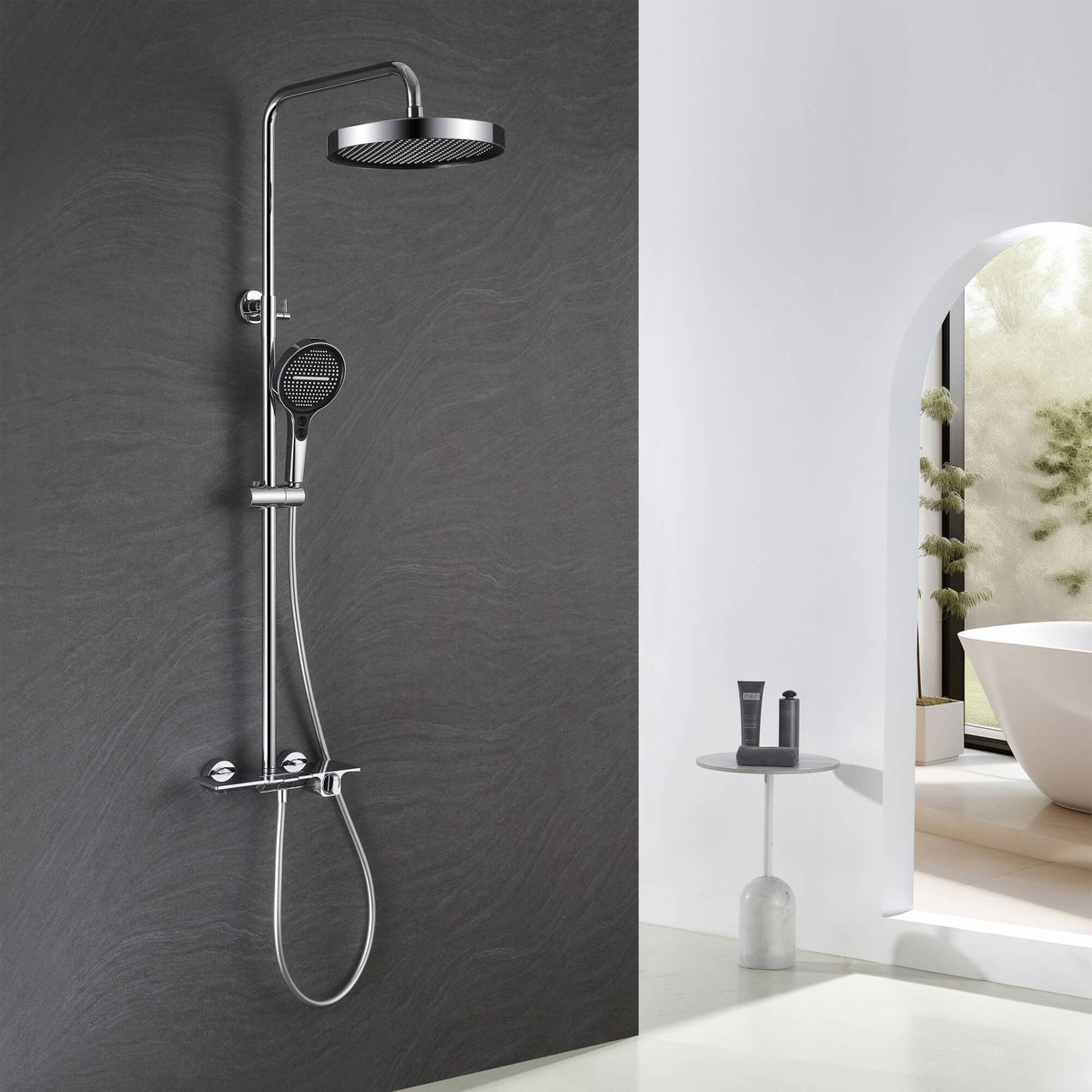 Modern 3-Function Shower System with Rainfall Head, Hand Spray & Waterfall Outlet