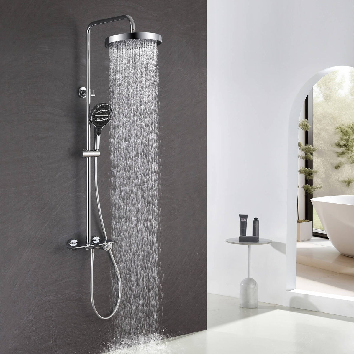 Modern 3-Function Shower System with Rainfall Head, Hand Spray & Waterfall Outlet
