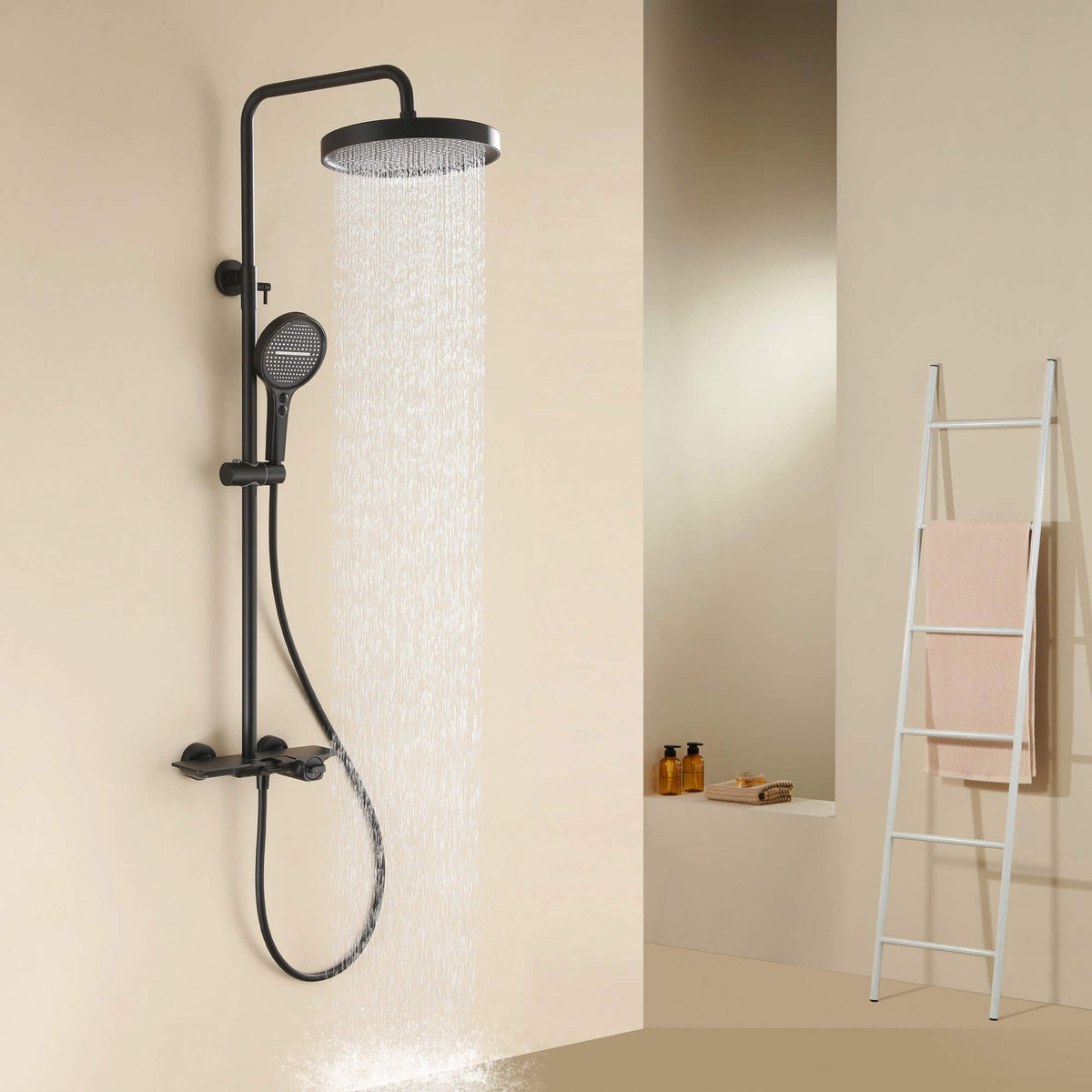 Modern 3-Function Shower System with Rainfall Head, Hand Spray & Waterfall Outlet
