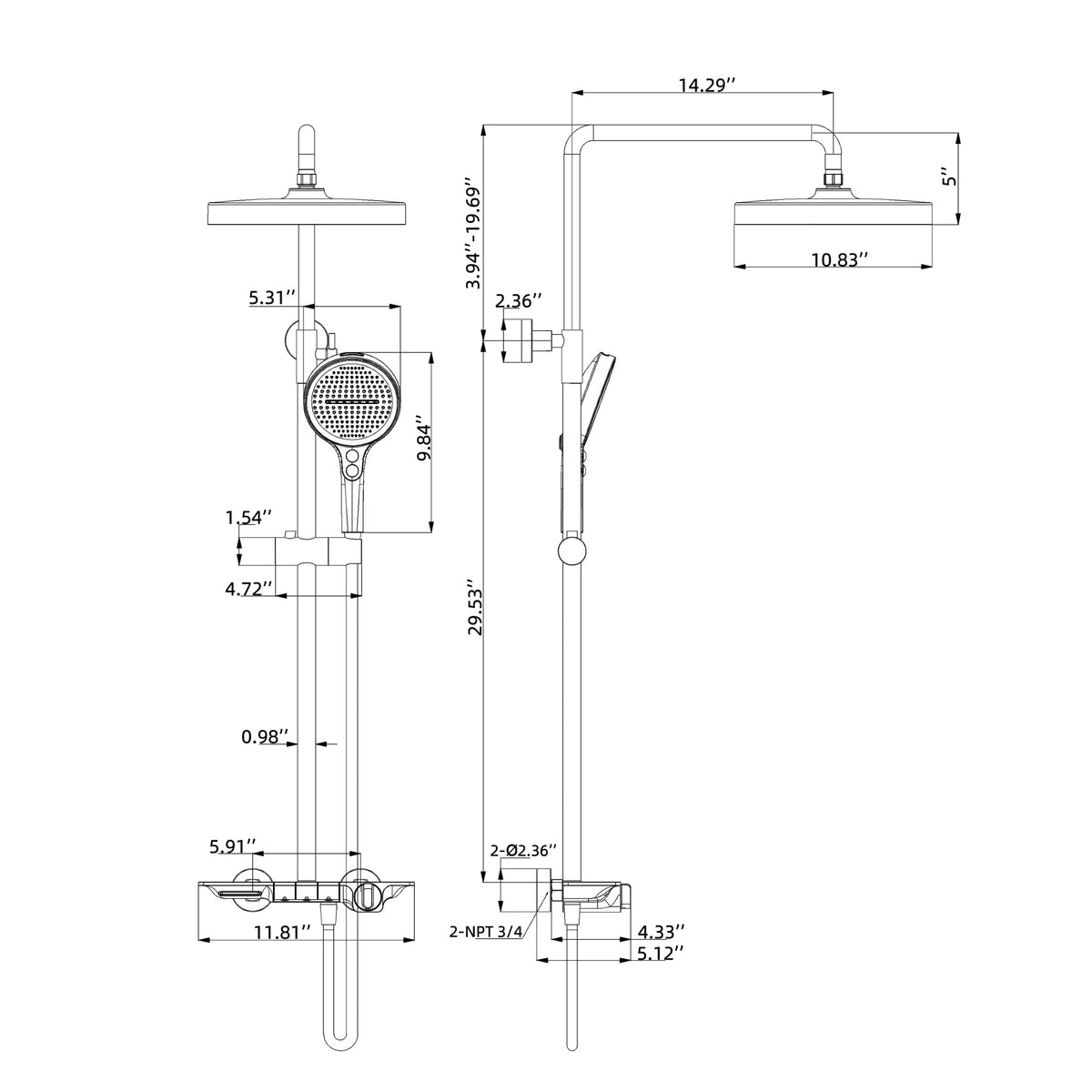 Modern 3-Function Shower System with Rainfall Head, Hand Spray & Waterfall Outlet