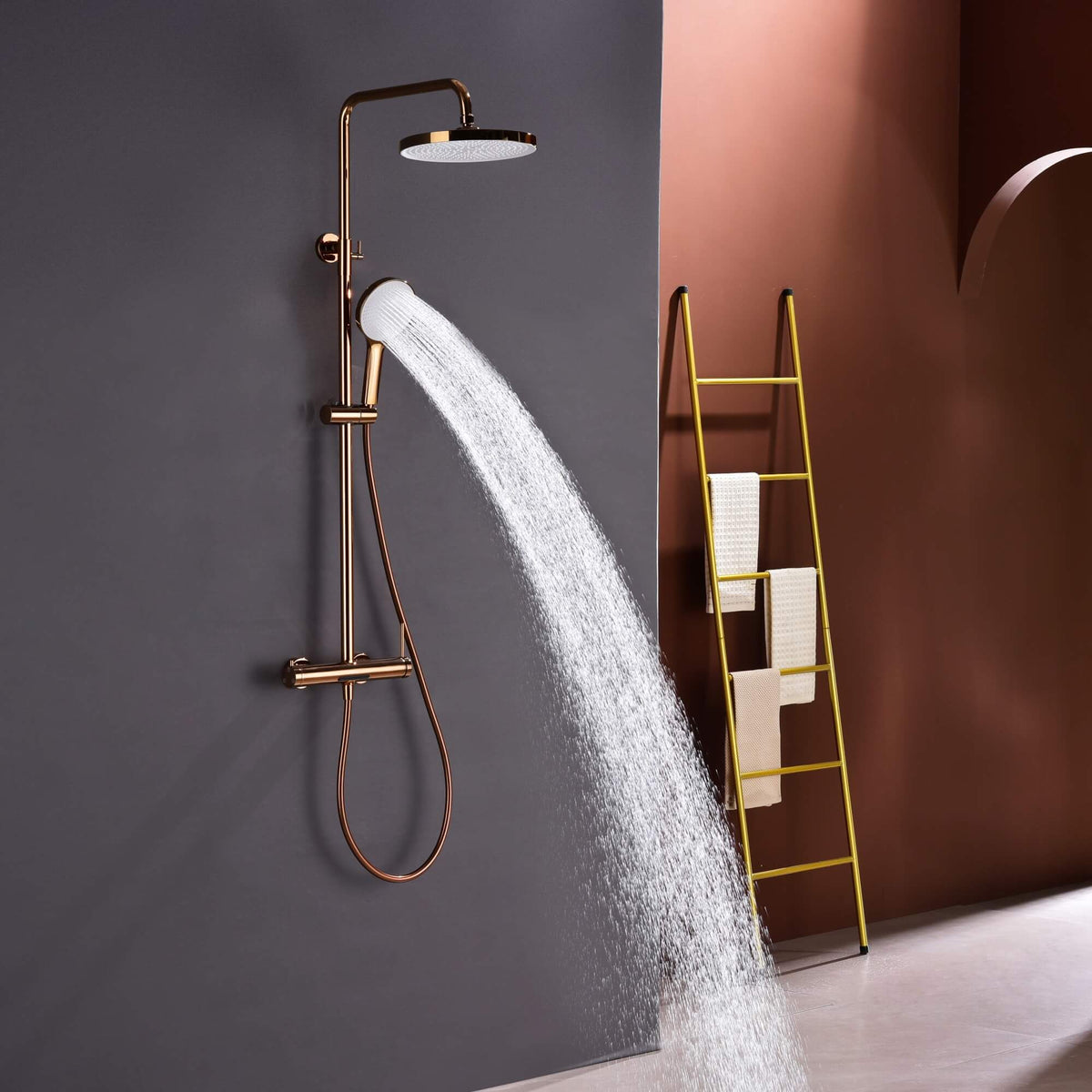 3-Function Exposed Stainless Steel Rain Shower Column with Waterfall Tub Filler