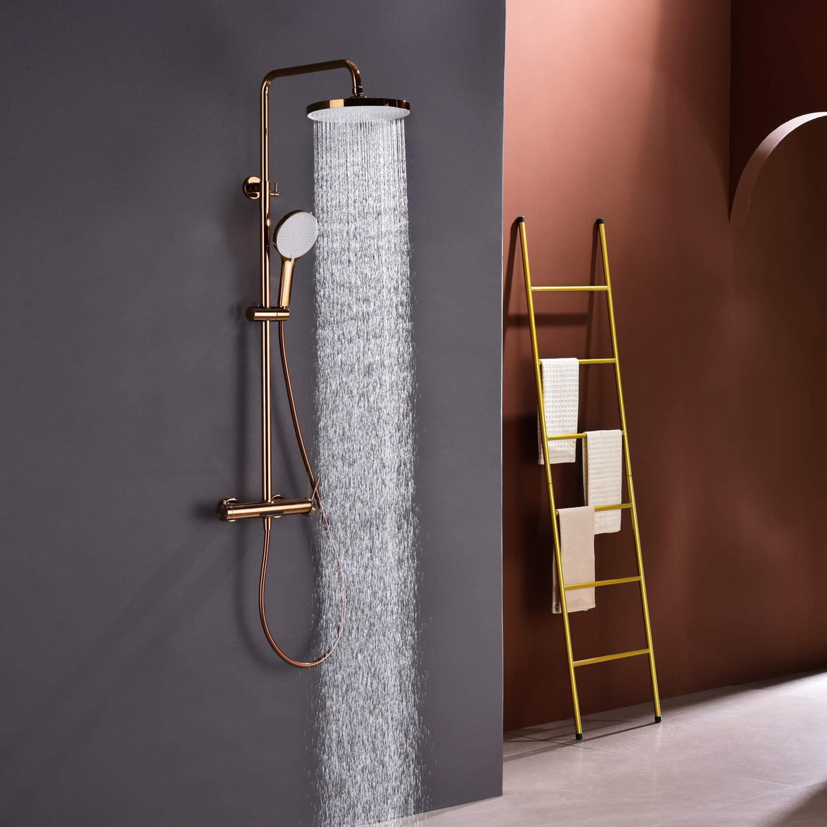 3-Function Exposed Stainless Steel Rain Shower Column with Waterfall Tub Filler