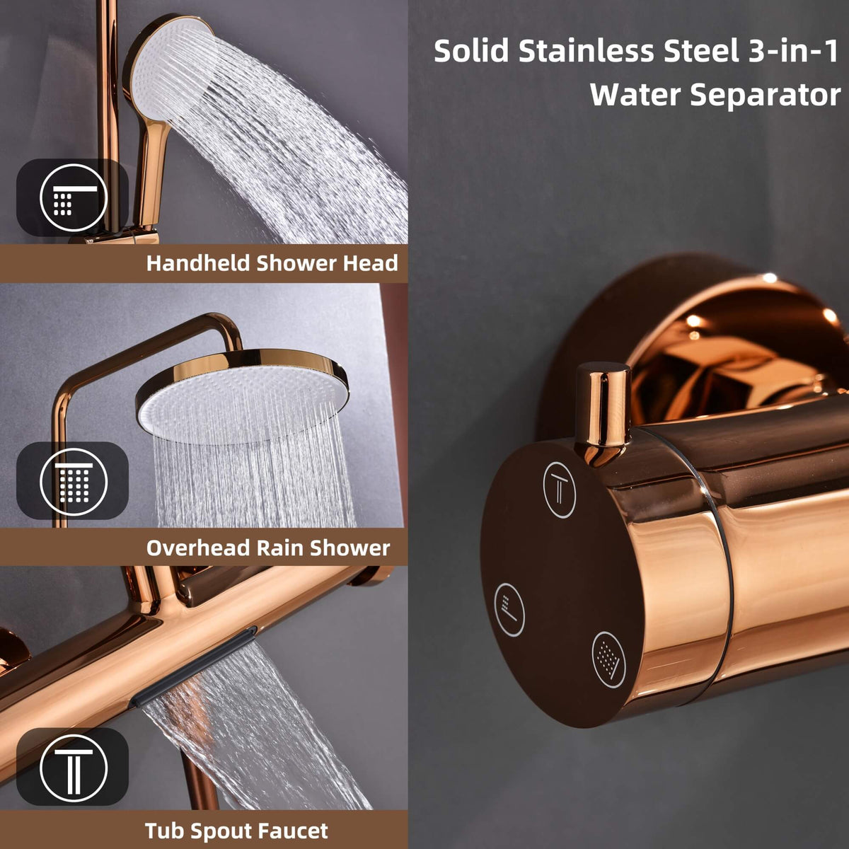 3-Function Exposed Stainless Steel Rain Shower Column with Waterfall Tub Filler