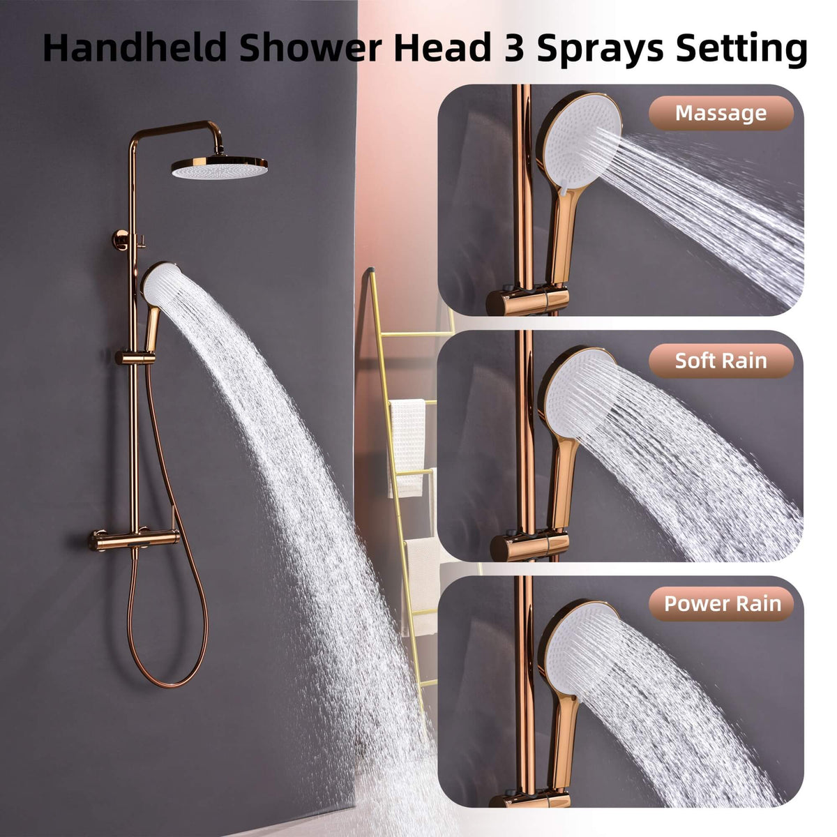 3-Function Exposed Stainless Steel Rain Shower Column with Waterfall Tub Filler