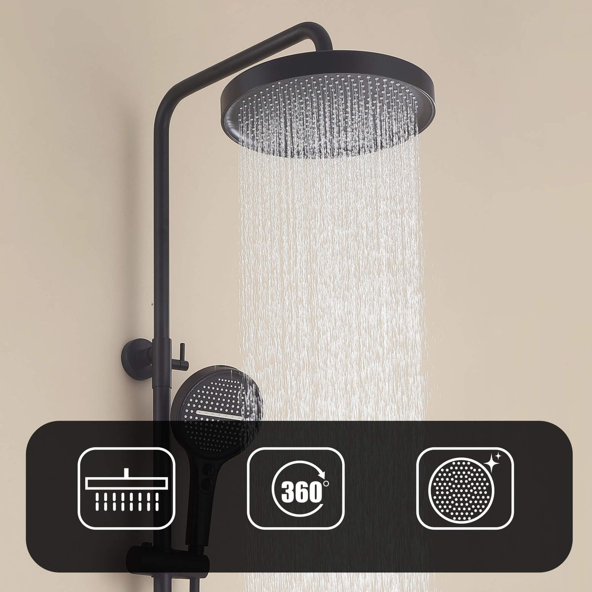 Exposed 3-Function Rain Shower Column with Shelf & Waterfall Tub Filler