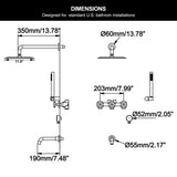 Measurement diagram for the 11.8-inch rain head, 13.78-inch shower arm, three-hole valve and 7.48-inch bathtub spout
