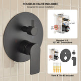 Matte black circular valve trim paired with the included concealed brass body and standard U.S. 1/2-inch NPT ports