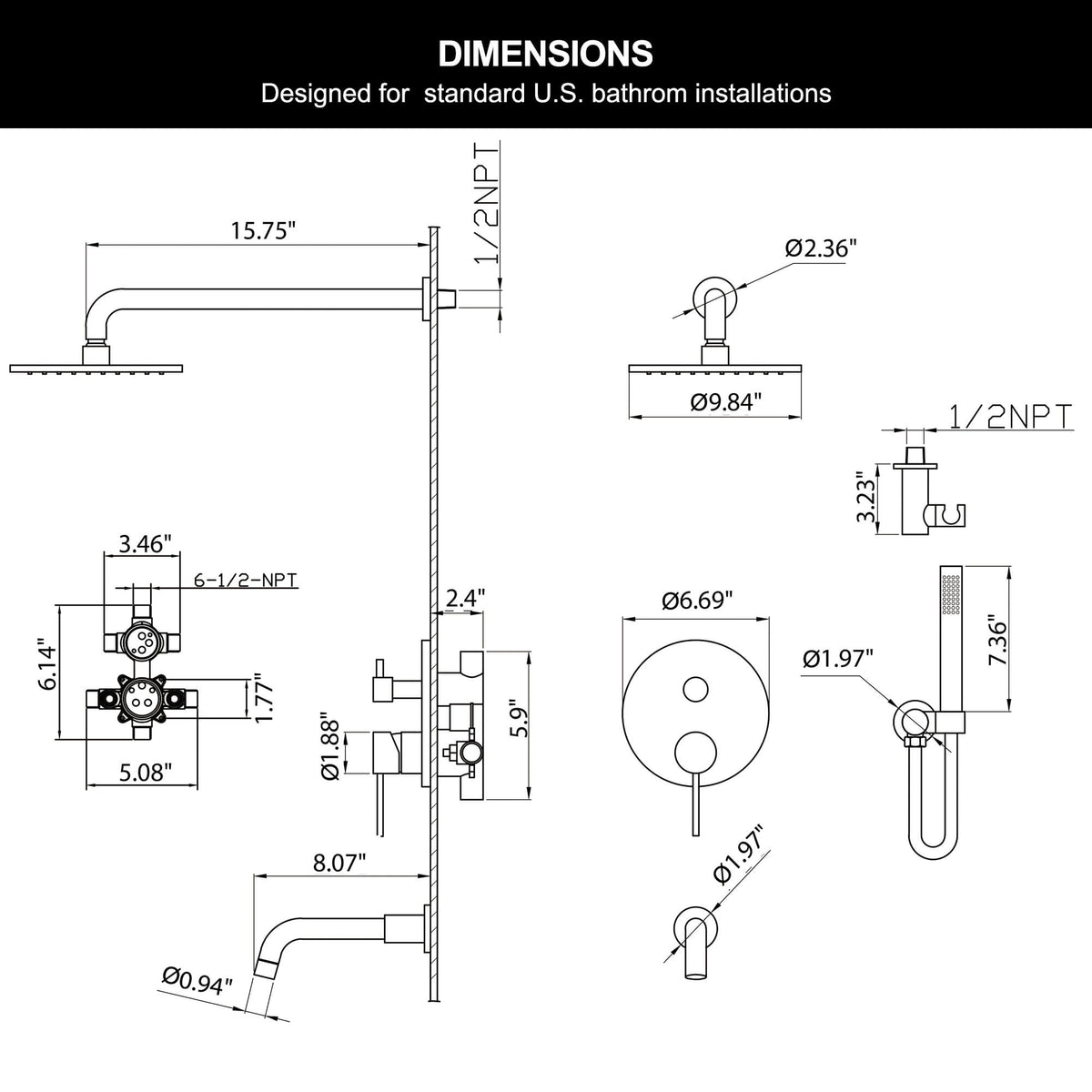 Technical size diagram for a 9.84-inch rain head, 15.75-inch shower arm, circular valve plate and bathtub outlet