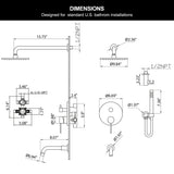 Product dimensions for the 9.84-inch overhead head, 15.75-inch arm, 6.69-inch control plate and handheld outlet