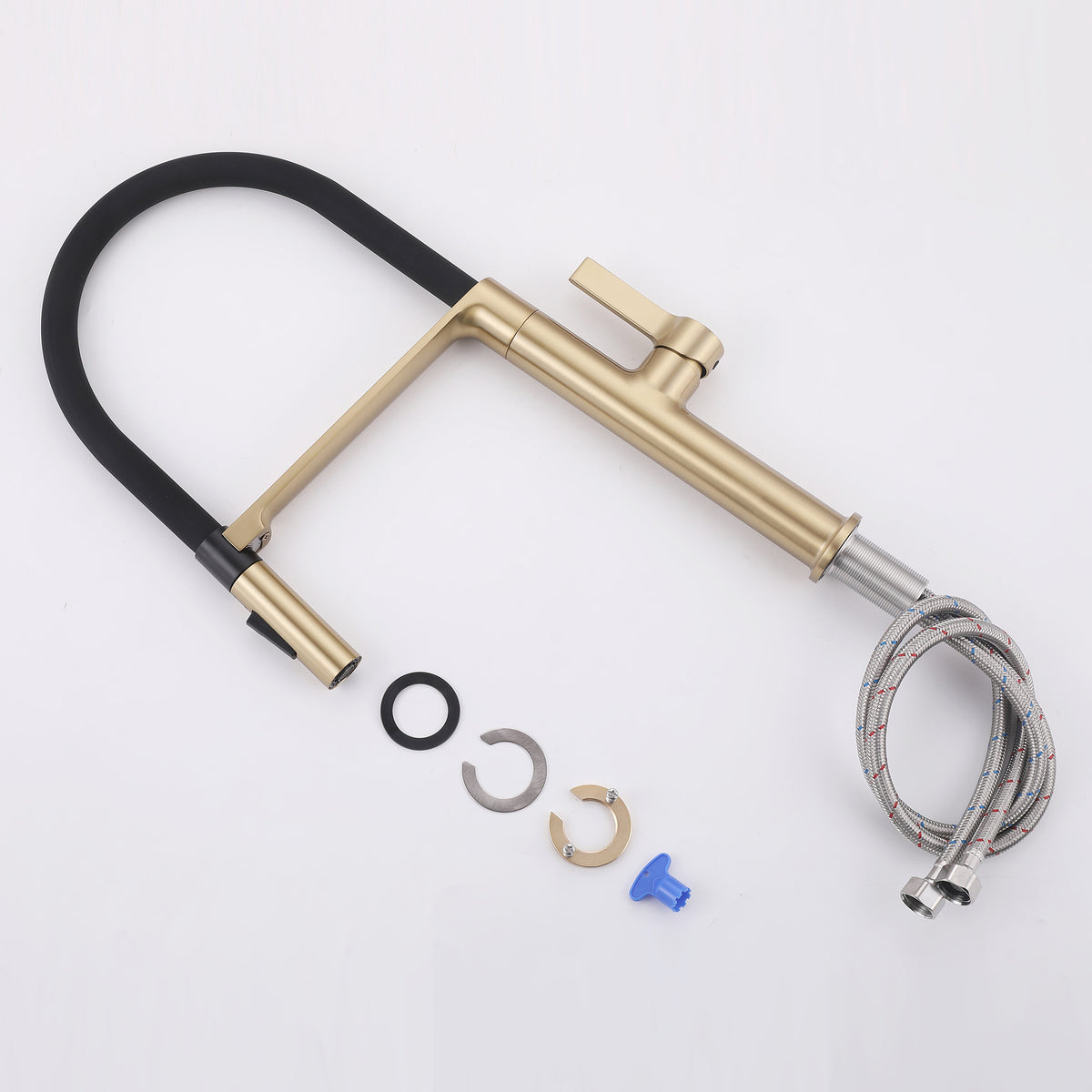 Single handle pull-down kitchen faucet with mounting hardware and supply lines