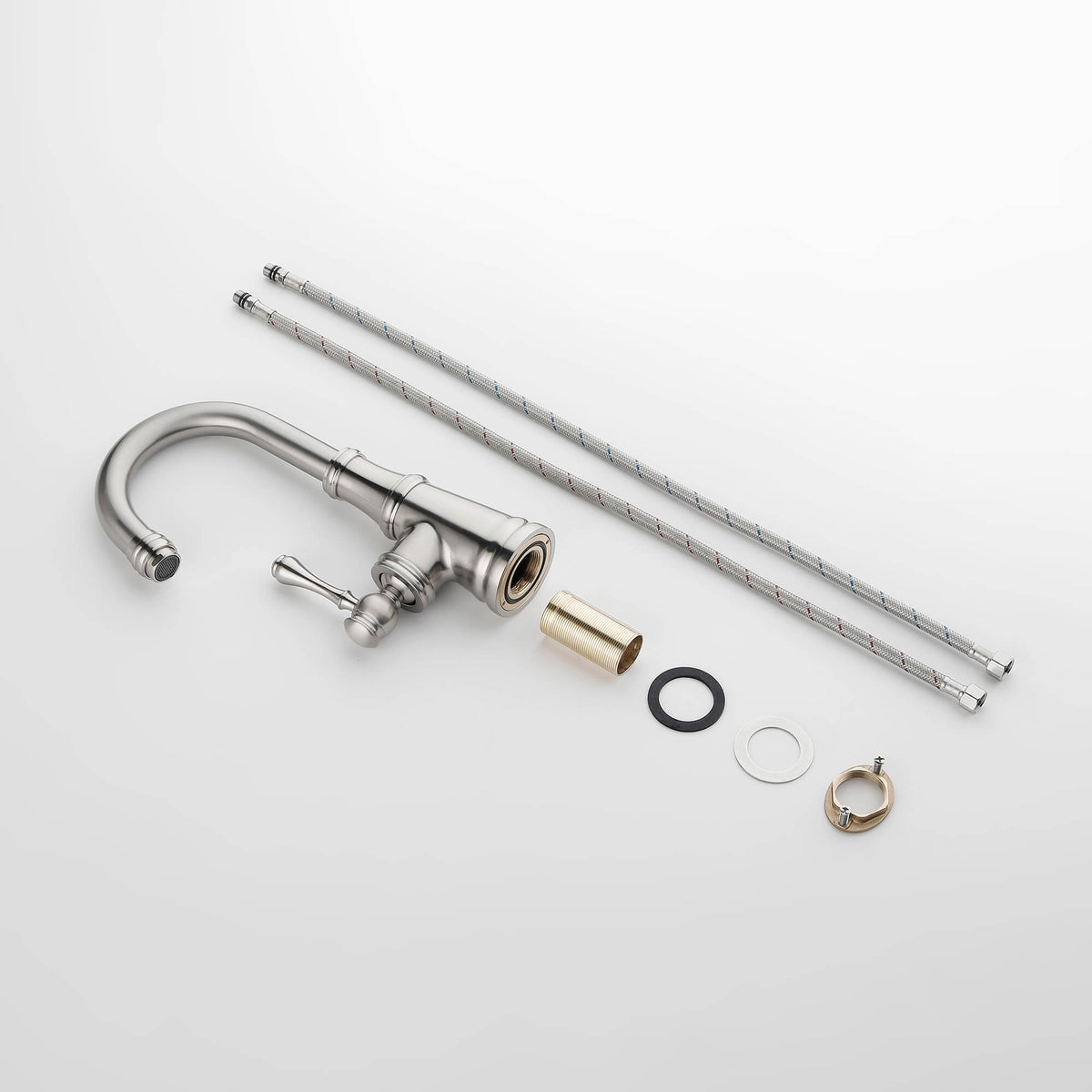 Single hole bathroom faucet components including mounting hardware and supply hoses
